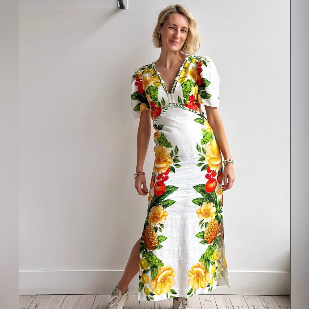 FARM Rio White Midi Dress with Yellow & Green Tropical Print
